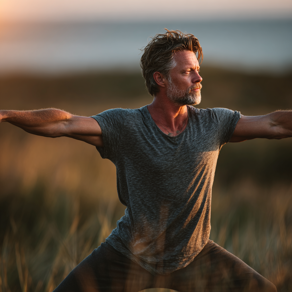 Mature man in his late 40s performing yoga warrior pose outdoors, demonstrating strength and balance in natural environment